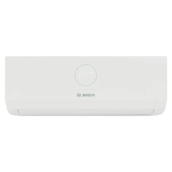 Bosch Aire acondicionado Inverter Climate 3000i + Instalación - 2.600 W, 2.900 W, 18 m², Blanco - Unidad interior blanca de aire acondicionado Bosch con pantalla digital que muestra 20,7 grados y símbolo Wi-Fi.