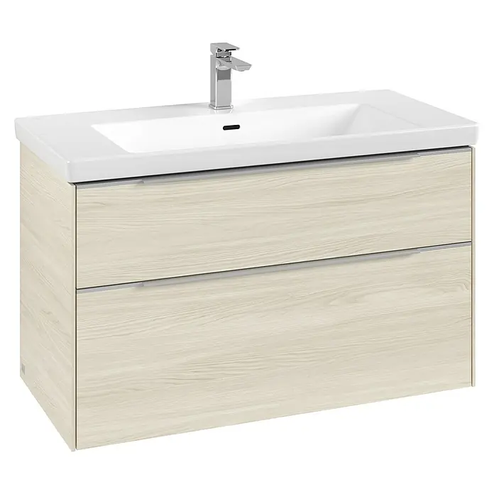 Villeroy & Boch Subway 3.0 Waschbeckenunterschrank - White Oak, Anzahl Schubladen: 2 Stk., Farbe Griff: Aluminium glänzend, B x T x H: 97,3 x 47,8 x 57,6 cm, Mit Beleuchtung - Badezimmermöbel aus hellem Holz mit integriertem Waschbecken, Chromarmatur und zwei Schubladen mit schlanken Griffen.