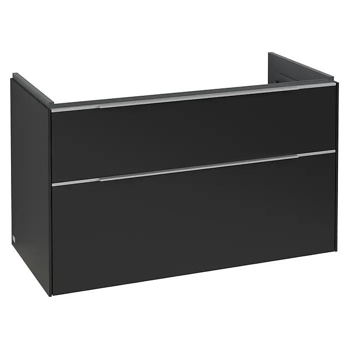 Villeroy & Boch Subway 3.0 Waschbeckenunterschrank - Volcano Black, Anzahl Schubladen: 2 Stk., Farbe Griff: Aluminium glänzend, B x T x H: 97,3 x 47,8 x 57,6 cm, Mit Beleuchtung - Dunkelgrauer Waschtischunterschrank mit zwei Schubladen und integrierten silbernen Griffen.