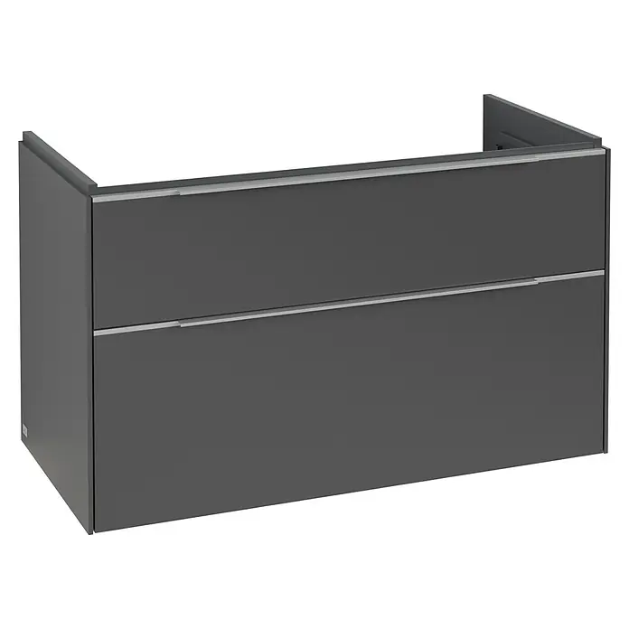 Villeroy & Boch Subway 3.0 Waschbeckenunterschrank - Graphite, Anzahl Schubladen: 2 Stk., Farbe Griff: Aluminium glänzend, B x T x H: 97,3 x 47,8 x 57,6 cm, Mit Beleuchtung - Dunkelgrauer wandhängender Badunterschrank mit zwei Schubladen und silbernen Griffen.