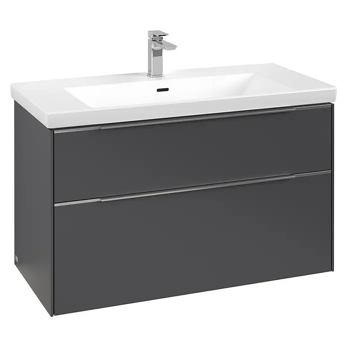 Villeroy & Boch Subway 3.0 Waschbeckenunterschrank - Graphite, Anzahl Schubladen: 2 Stk., Farbe Griff: Aluminium glänzend, B x T x H: 97,3 x 47,8 x 57,6 cm, Mit Beleuchtung - Moderner Badschrank mit weißem Keramikwaschbecken und Armatur, dunkelgrauem Unterschrank mit zwei Schubladen und silbernen Griffen.