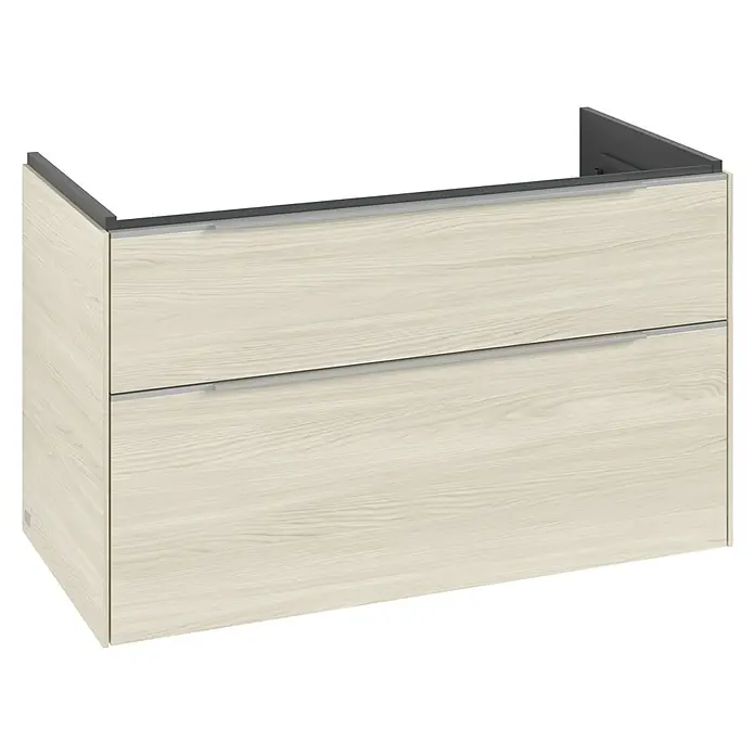 Villeroy & Boch Subway 3.0 Waschbeckenunterschrank - White Oak, Anzahl Schubladen: 2 Stk., Farbe Griff: Aluminium glänzend, B x T x H: 97,3 x 47,8 x 57,6 cm, Mit Beleuchtung - Badezimmerschrank mit zwei Schubladen in heller Holzoptik und integrierten silbernen Griffen.