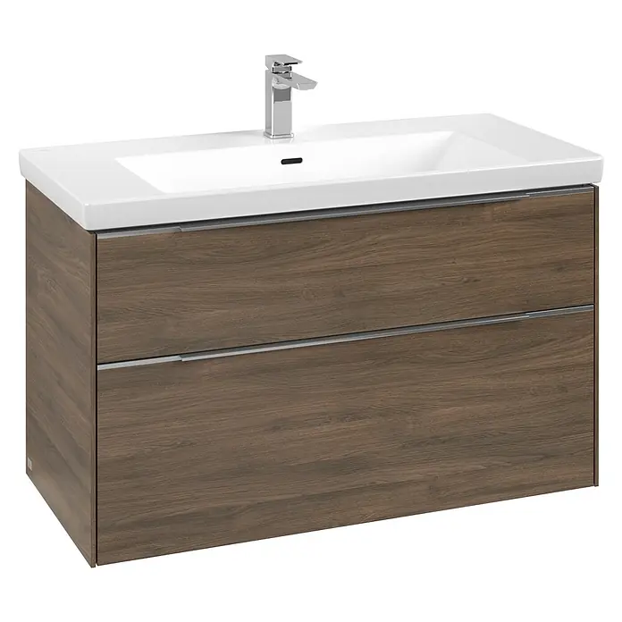 Villeroy & Boch Subway 3.0 Waschbeckenunterschrank - Arizona Oak, Anzahl Schubladen: 2 Stk., Farbe Griff: Aluminium glänzend, B x T x H: 97,3 x 47,8 x 57,6 cm, Mit Beleuchtung - Brauner Waschtischunterschrank mit weißem Keramikbecken, Chromarmatur und zwei Schubladen.
