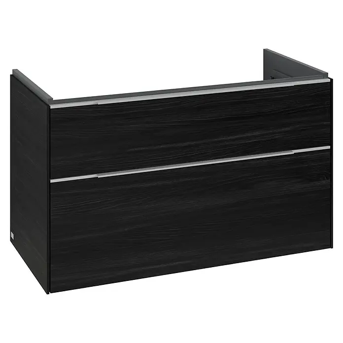 Villeroy & Boch Subway 3.0 Waschbeckenunterschrank - Black Oak, Anzahl Schubladen: 2 Stk., Farbe Griff: Aluminium glänzend, B x T x H: 97,3 x 47,8 x 57,6 cm, Mit Beleuchtung - Dunkle Holzmaserung Waschtischunterschrank mit zwei horizontalen silbernen Griffen.