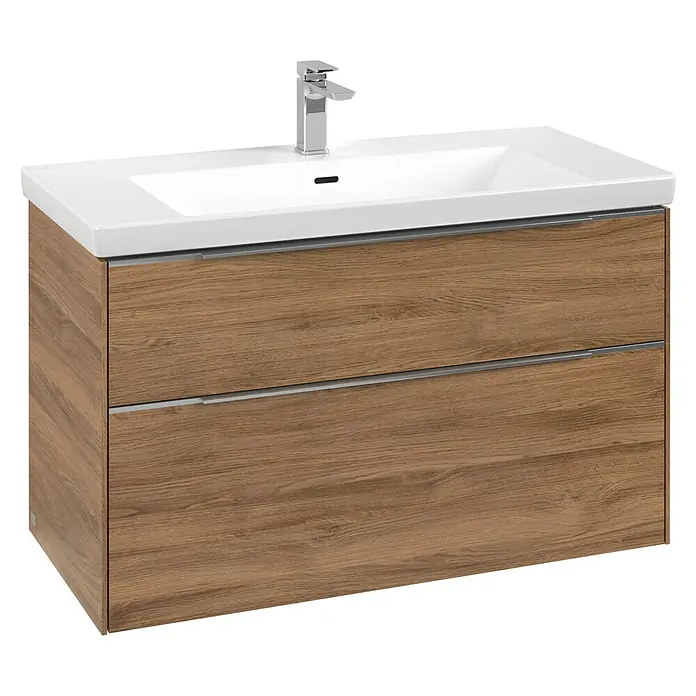 Villeroy & Boch Subway 3.0 Waschbeckenunterschrank - Kansas Oak, Anzahl Schubladen: 2 Stk., Farbe Griff: Aluminium glänzend, B x T x H: 97,3 x 47,8 x 57,6 cm, Mit Beleuchtung - Waschtischunterschrank aus Holz mit weißem Keramikwaschbecken und Chromarmatur, mit zwei Schubladen mit silbernen Griffen.