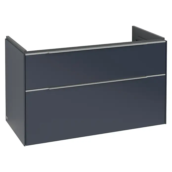 Villeroy & Boch Subway 3.0 Waschbeckenunterschrank - Marine Blue, Anzahl Schubladen: 2 Stk., Farbe Griff: Aluminium glänzend, B x T x H: 97,3 x 47,8 x 57,6 cm, Mit Beleuchtung - Dunkelgrauer wandhängender Schrank mit zwei Schubladen und integrierten silbernen Griffen.