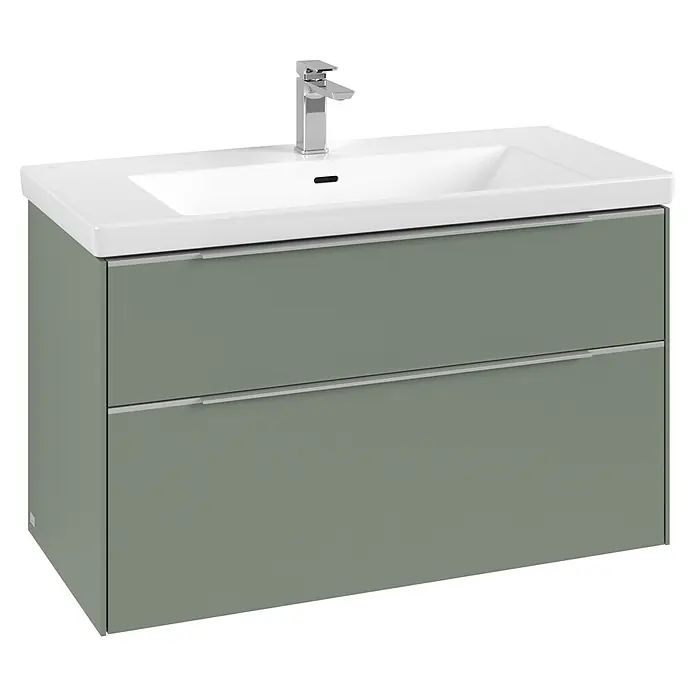 Villeroy & Boch Subway 3.0 Waschbeckenunterschrank - Soft Green, Anzahl Schubladen: 2 Stk., Farbe Griff: Aluminium glänzend, B x T x H: 97,3 x 47,8 x 57,6 cm, Mit Beleuchtung - Salbeigrüner Badunterschrank mit weißem Waschbecken und Chromarmatur, mit zwei Schubladen mit integrierten Griffen.