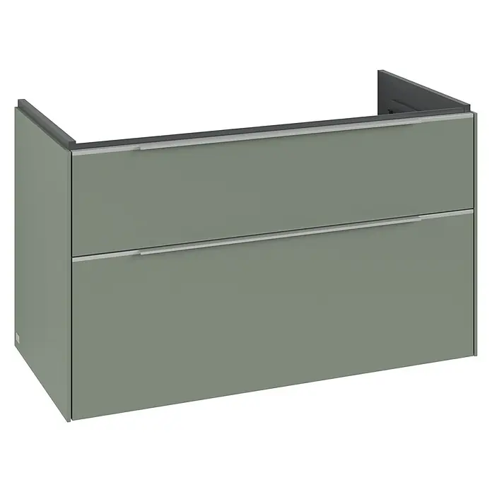 Villeroy & Boch Subway 3.0 Waschbeckenunterschrank - Soft Green, Anzahl Schubladen: 2 Stk., Farbe Griff: Aluminium glänzend, B x T x H: 97,3 x 47,8 x 57,6 cm, Mit Beleuchtung - Grau-grüner wandmontierter Waschtischunterschrank mit zwei Schubladen und silbernen Griffen.