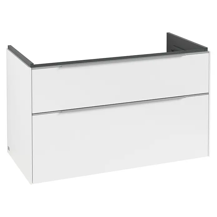 Villeroy & Boch Subway 3.0 Waschbeckenunterschrank - Pure White, Anzahl Schubladen: 2 Stk., Farbe Griff: Aluminium glänzend, B x T x H: 97,3 x 47,8 x 57,6 cm, Mit Beleuchtung - Weißer wandmontierter Waschtischunterschrank mit zwei Schubladen und integrierten dunkelgrauen Griffen.