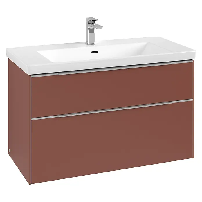 Villeroy & Boch Subway 3.0 Waschbeckenunterschrank - Wine Red, Anzahl Schubladen: 2 Stk., Farbe Griff: Aluminium glänzend, B x T x H: 97,3 x 47,8 x 57,6 cm, Mit Beleuchtung - Rostbrauner Badunterschrank mit integriertem weißen Keramikwaschbecken, Chromarmatur und zwei Schubladen.
