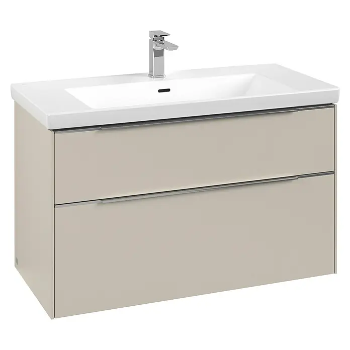 Villeroy & Boch Subway 3.0 Waschbeckenunterschrank - Cashmere Grey, Anzahl Schubladen: 2 Stk., Farbe Griff: Aluminium glänzend, B x T x H: 97,3 x 47,8 x 57,6 cm, Mit Beleuchtung - Helle beige Badmöbel mit weißem Keramikwaschbecken, Chromarmatur und zwei Schubladen.