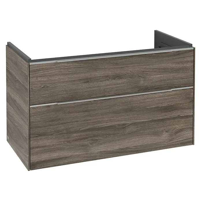Villeroy & Boch Subway 3.0 Waschbeckenunterschrank - Stone Oak, Anzahl Schubladen: 2 Stk., Farbe Griff: Aluminium glänzend, B x T x H: 97,3 x 47,8 x 57,6 cm, Mit Beleuchtung - Wandhängender Waschtischunterschrank mit zwei Schubladen, dunkler Holzoptik und integrierten silbernen Griffen.