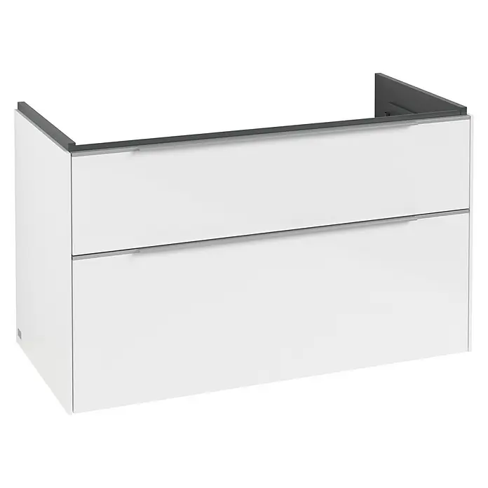 Villeroy & Boch Subway 3.0 Waschbeckenunterschrank - Brilliant White, Anzahl Schubladen: 2 Stk., Farbe Griff: Aluminium glänzend, B x T x H: 97,3 x 47,8 x 57,6 cm, Mit Beleuchtung - Weißer Badezimmer-Unterschrank mit zwei Schubladen und grauen Griffen, für eine Arbeitsplatte konzipiert.