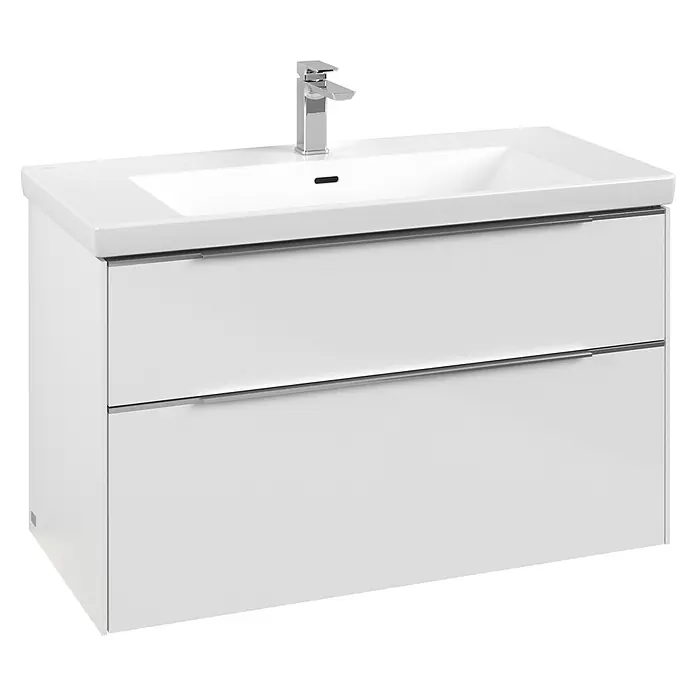 Villeroy & Boch Subway 3.0 Waschbeckenunterschrank - Brilliant White, Anzahl Schubladen: 2 Stk., Farbe Griff: Aluminium glänzend, B x T x H: 97,3 x 47,8 x 57,6 cm, Mit Beleuchtung - Weißer wandmontierter Waschtischunterschrank mit integriertem Waschbecken, Chromarmatur und zwei Schubladen mit silbernen Griffen.