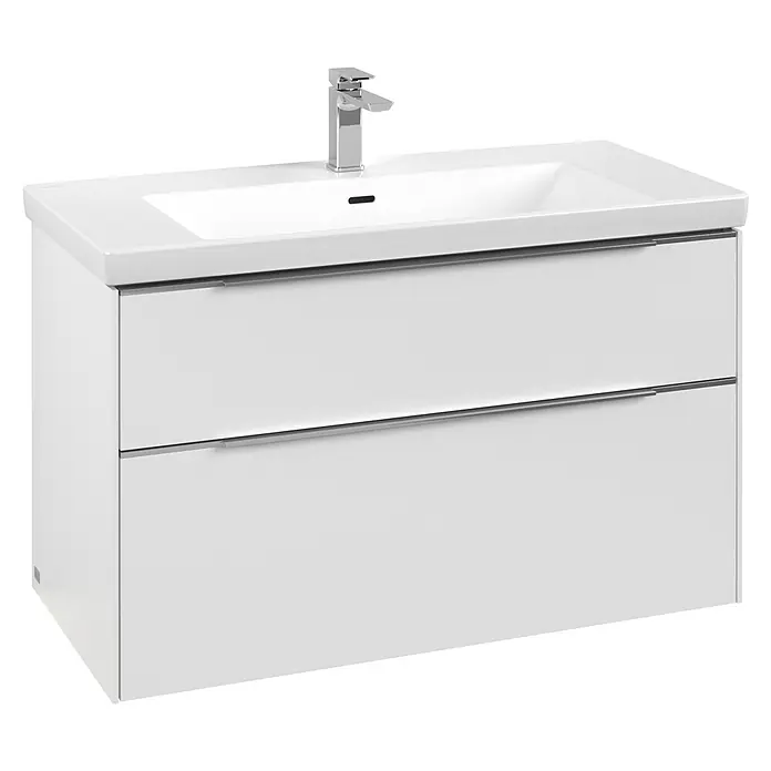 Villeroy & Boch Subway 3.0 Waschbeckenunterschrank - Pure White, Anzahl Schubladen: 2 Stk., Farbe Griff: Aluminium glänzend, B x T x H: 97,3 x 47,8 x 57,6 cm, Mit Beleuchtung - Weißer wandmontierter Badezimmerschrank mit integriertem Waschbecken, Chromarmatur und zwei Schubladen mit silbernen Griffen.