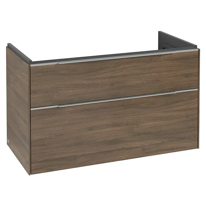 Villeroy & Boch Subway 3.0 Waschbeckenunterschrank - Arizona Oak, Anzahl Schubladen: 2 Stk., Farbe Griff: Aluminium glänzend, B x T x H: 97,3 x 47,8 x 57,6 cm, Mit Beleuchtung - Dunkelbrauner Waschtischunterschrank mit Holzmaserung, zwei Schubladen und integrierten silbernen Griffen.