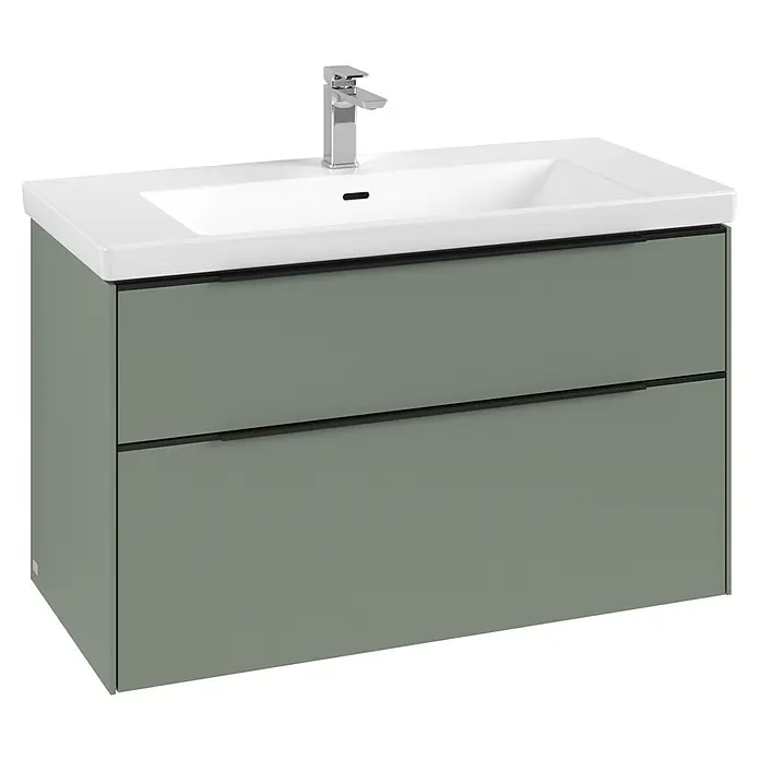 Villeroy & Boch Subway 3.0 Waschbeckenunterschrank - Soft Green, Anzahl Schubladen: 2 Stk., Farbe Griff: Volcano Black, B x T x H: 97,3 x 47,8 x 57,6 cm, Mit Beleuchtung - Salbeigrüner Badunterschrank mit integriertem weißem Keramikwaschbecken, Chromarmatur und zwei Schubladen mit schwarzen Griffen.