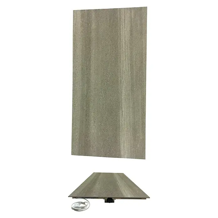 Jollytherm Infrarot-Keramikheizkörper - B x H: 600 x 1.200 mm, 1.100 W, Grau - Das Bild zeigt eine Duschpaneel mit einer holzähnlichen Struktur und einer hellen Farbgebung, die für moderne Badezimmer geeignet ist.