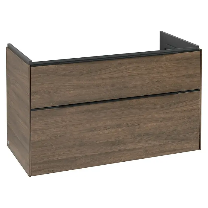 Villeroy & Boch Subway 3.0 Waschbeckenunterschrank - Arizona Oak, Anzahl Schubladen: 2 Stk., Farbe Griff: Volcano Black, B x T x H: 97,3 x 47,8 x 57,6 cm, Mit Beleuchtung - Brauner Waschtischunterschrank mit Holzmaserung, zwei Schubladen und dunkelgrauer Oberkante.