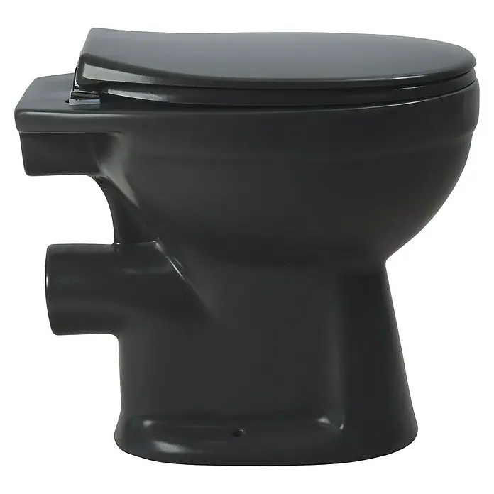Sanicomfort Stand-WC Anthrazit Matt - Spülrandlos, Ohne Spezialglasur, Spülform: Tief, WC Abgang: Waagerecht, Anthrazit - Dunkelgraue Toilette mit geschlossenem Deckel.