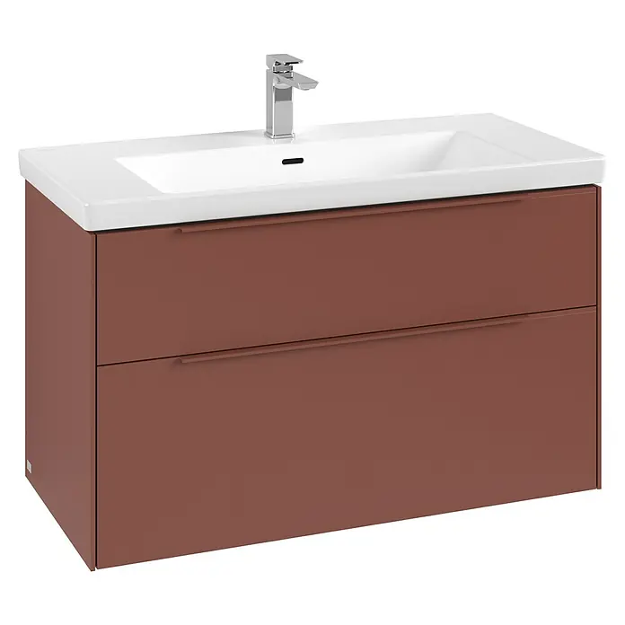 Villeroy & Boch Subway 3.0 Waschbeckenunterschrank - Wine Red, Anzahl Schubladen: 2 Stk., Farbe Griff: Monochrom, B x T x H: 97,3 x 47,8 x 57,6 cm, Mit Beleuchtung - Brauner Badunterschrank mit zwei Schubladen, weißem Keramikwaschbecken und Chromarmatur.