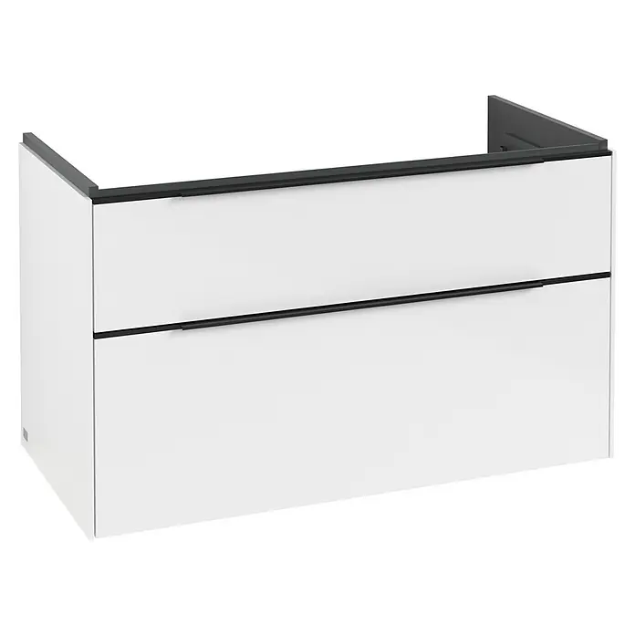 Villeroy & Boch Subway 3.0 Waschbeckenunterschrank - Brilliant White, Anzahl Schubladen: 2 Stk., Farbe Griff: Volcano Black, B x T x H: 97,3 x 47,8 x 57,6 cm, Mit Beleuchtung - Weißer wandhängender Badunterschrank mit zwei Schubladen und schwarzen Griffleisten.