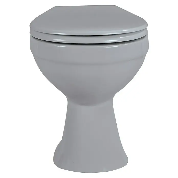 Sanicomfort Stand-WC - Spülrandlos, Ohne Spezialglasur, Spülform: Tief, WC Abgang: Waagerecht, Manhattan Grau - Weißes Keramik-WC mit geschlossenem Deckel.