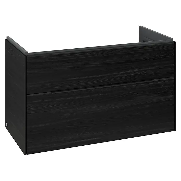 Villeroy & Boch Subway 3.0 Waschbeckenunterschrank - Black Oak, Anzahl Schubladen: 2 Stk., Farbe Griff: Volcano Black, B x T x H: 97,3 x 47,8 x 57,6 cm, Mit Beleuchtung - Schwarzer Hängeschrank mit Holzmaserung und zwei grifflosen Schubladen.