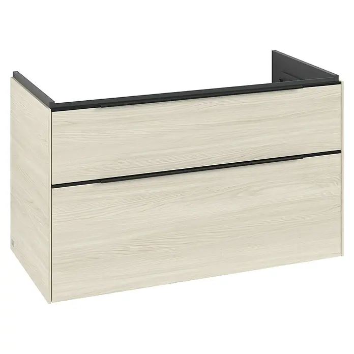 Villeroy & Boch Subway 3.0 Waschbeckenunterschrank - White Oak, Anzahl Schubladen: 2 Stk., Farbe Griff: Volcano Black, B x T x H: 97,3 x 47,8 x 57,6 cm, Mit Beleuchtung - Wandhängender Waschtischunterschrank in heller Holzoptik mit zwei Schubladen und dunkelgrauer Blende.