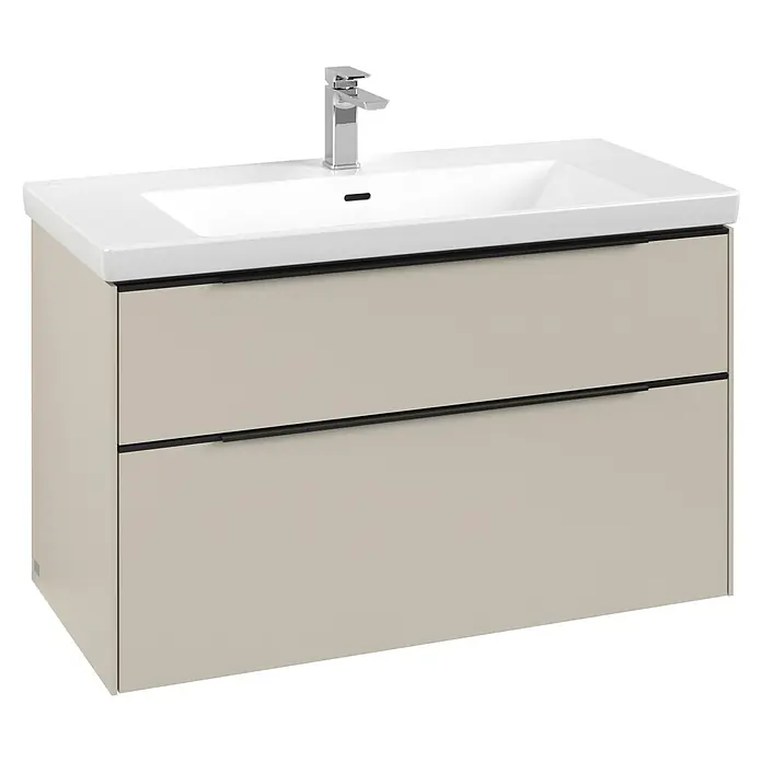 Villeroy & Boch Subway 3.0 Waschbeckenunterschrank - Cashmere Grey, Anzahl Schubladen: 2 Stk., Farbe Griff: Volcano Black, B x T x H: 97,3 x 47,8 x 57,6 cm, Mit Beleuchtung - Moderner Waschtisch mit integriertem weißen Waschbecken, Chromarmatur und hellbeigem Unterschrank mit zwei Schubladen und schwarzen Griffen.