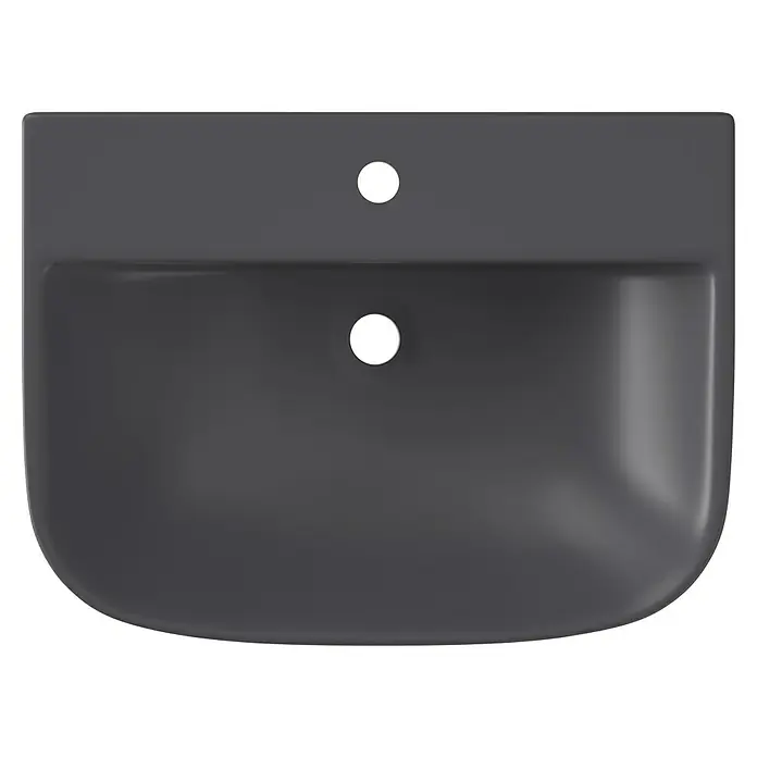 Waschtisch Rivo - 60 x 50 cm, Ohne Spezialglasur, Hahnloch: Mitte, Mit Überlauf, Grau - Dunkelgraues Keramik-Waschbecken mit Hahn- und Überlauflöchern.