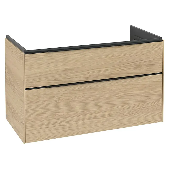 Villeroy & Boch Subway 3.0 Waschbeckenunterschrank - Nordik Oak, Anzahl Schubladen: 2 Stk., Farbe Griff: Volcano Black, B x T x H: 97,3 x 47,8 x 57,6 cm, Mit Beleuchtung - Heller Holz-Waschtischunterschrank mit zwei Schubladen und schwarzen integrierten Griffen.