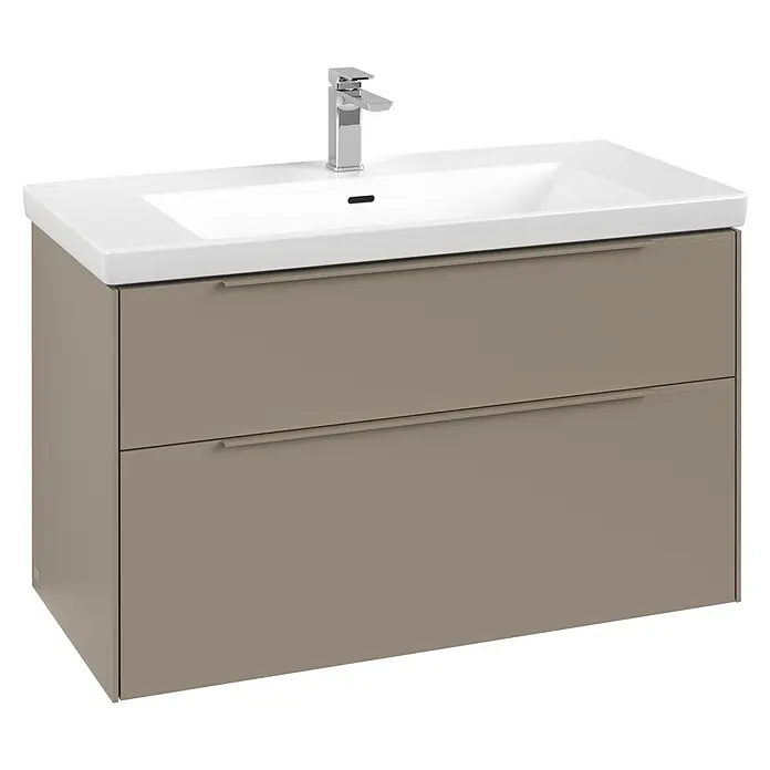Villeroy & Boch Subway 3.0 Waschbeckenunterschrank - Taupe, Anzahl Schubladen: 2 Stk., Farbe Griff: Monochrom, B x T x H: 97,3 x 47,8 x 57,6 cm, Mit Beleuchtung - Taupe Waschtischunterschrank mit weißem Waschbecken, Chromarmatur und zwei Schubladen.