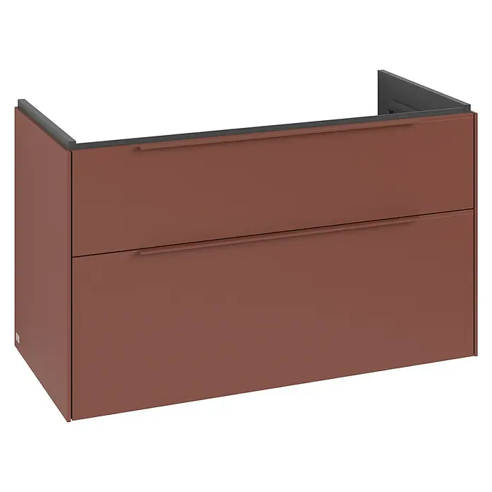 Villeroy & Boch Subway 3.0 Waschbeckenunterschrank - Wine Red, Anzahl Schubladen: 2 Stk., Farbe Griff: Monochrom, B x T x H: 97,3 x 47,8 x 57,6 cm, Mit Beleuchtung - Terrakottafarbener Waschtischunterschrank mit zwei Schubladen, integrierten dunklen Griffen und oberer Blende.