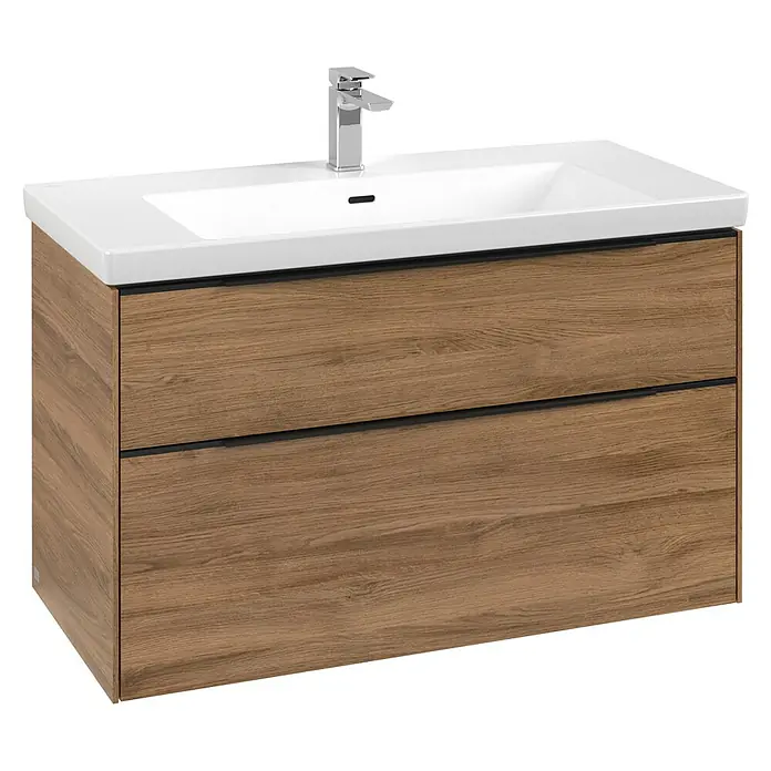 Villeroy & Boch Subway 3.0 Waschbeckenunterschrank - Kansas Oak, Anzahl Schubladen: 2 Stk., Farbe Griff: Volcano Black, B x T x H: 97,3 x 47,8 x 57,6 cm, Mit Beleuchtung - Hölzerner Badezimmer-Waschtisch mit integriertem weißen Waschbecken, zwei Schubladen und Chromarmatur.