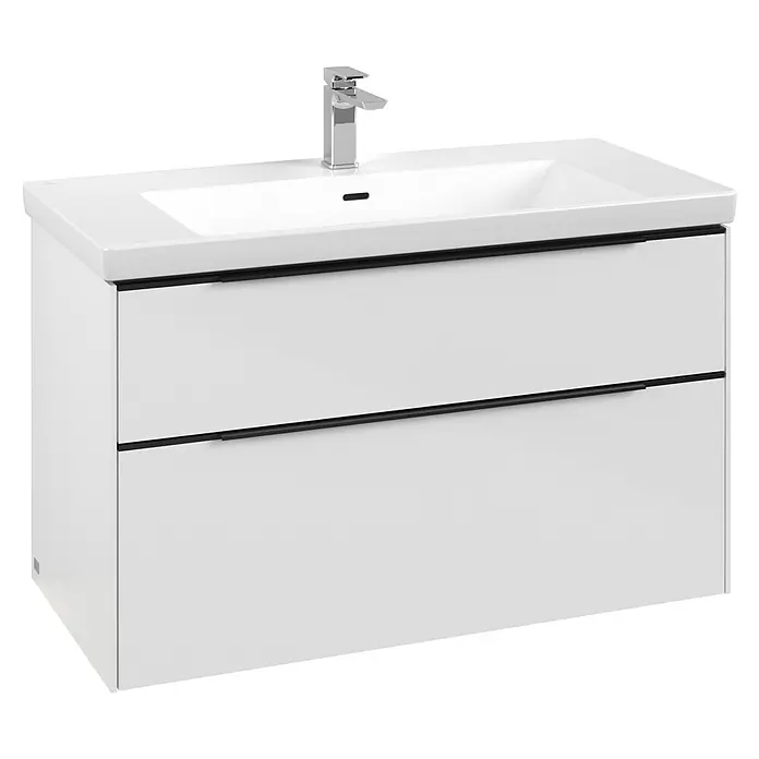 Villeroy & Boch Subway 3.0 Waschbeckenunterschrank - Brilliant White, Anzahl Schubladen: 2 Stk., Farbe Griff: Volcano Black, B x T x H: 97,3 x 47,8 x 57,6 cm, Mit Beleuchtung - Weißer Badschrank mit integriertem Waschbecken, Chromarmatur und zwei Schubladen mit schwarzen Griffen.