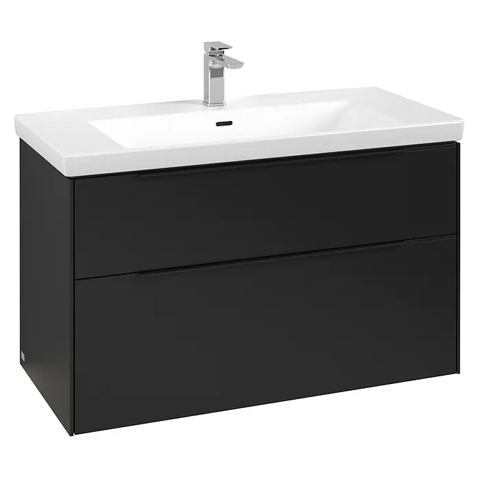 Villeroy & Boch Subway 3.0 Waschbeckenunterschrank - Volcano Black, Anzahl Schubladen: 2 Stk., Farbe Griff: Volcano Black, B x T x H: 97,3 x 47,8 x 57,6 cm, Mit Beleuchtung - Dunkelgrauer Waschtischunterschrank mit weißem Keramikwaschbecken und Chromarmatur, zwei Schubladen mit Griffmulde.