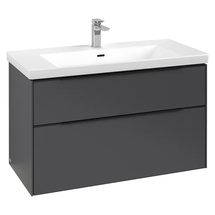 Villeroy & Boch Subway 3.0 Waschbeckenunterschrank - Graphite, Anzahl Schubladen: 2 Stk., Farbe Griff: Volcano Black, B x T x H: 97,3 x 47,8 x 57,6 cm, Mit Beleuchtung - Dunkelgrauer Badezimmerschrank mit weißem Keramikwaschbecken und Chromarmatur, mit zwei Schubladen.