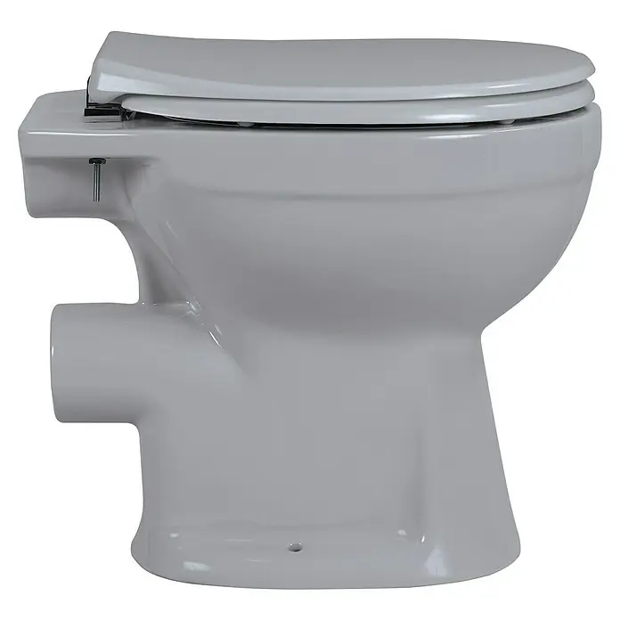 Sanicomfort Stand-WC - Spülrandlos, Ohne Spezialglasur, Spülform: Tief, WC Abgang: Waagerecht, Manhattan Grau - Weißes Keramik-WC mit geschlossenem Sitz und Deckel, von der Seite gesehen.