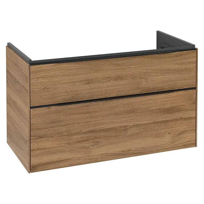 Villeroy & Boch Subway 3.0 Waschbeckenunterschrank - Kansas Oak, Anzahl Schubladen: 2 Stk., Farbe Griff: Volcano Black, B x T x H: 97,3 x 47,8 x 57,6 cm, Mit Beleuchtung - Hölzerner Waschtischunterschrank mit zwei Schubladen in heller Holzoptik und dunkelgrauen Griffen.