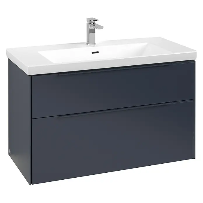 Villeroy & Boch Subway 3.0 Waschbeckenunterschrank - Marine Blue, Anzahl Schubladen: 2 Stk., Farbe Griff: Monochrom, B x T x H: 97,3 x 47,8 x 57,6 cm, Mit Beleuchtung - Dunkelgrau-blaues Waschtischmöbel mit weißem Keramikwaschbecken und Chromarmatur, zwei Schubladen.
