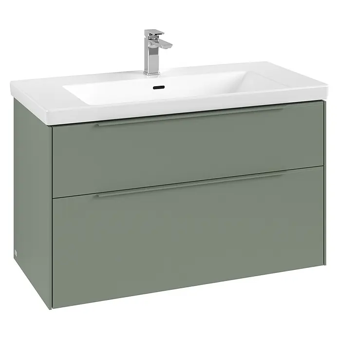Villeroy & Boch Subway 3.0 Waschbeckenunterschrank - Soft Green, Anzahl Schubladen: 2 Stk., Farbe Griff: Monochrom, B x T x H: 97,3 x 47,8 x 57,6 cm, Mit Beleuchtung - Moderner Badunterschrank in Salbeigrün mit weißem Waschbecken, Chromarmatur und zwei integrierten Schubladen.