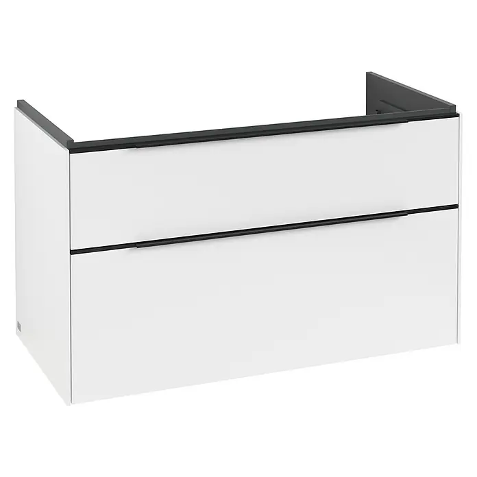 Villeroy & Boch Subway 3.0 Waschbeckenunterschrank - Pure White, Anzahl Schubladen: 2 Stk., Farbe Griff: Volcano Black, B x T x H: 97,3 x 47,8 x 57,6 cm, Mit Beleuchtung - Weißer wandmontierter Waschtischunterschrank mit zwei Schubladen und schwarzen Griffen.