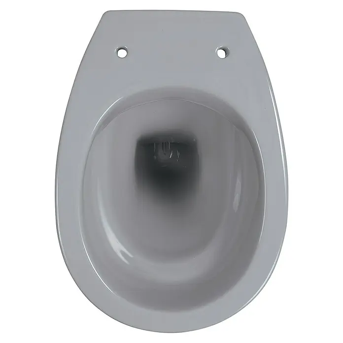 Sanicomfort Stand-WC - Spülrandlos, Ohne Spezialglasur, Spülform: Tief, WC Abgang: Waagerecht, Manhattan Grau - Weiße Keramik-WC-Schüssel, Draufsicht, mit Innenbecken und zwei Befestigungslöchern.
