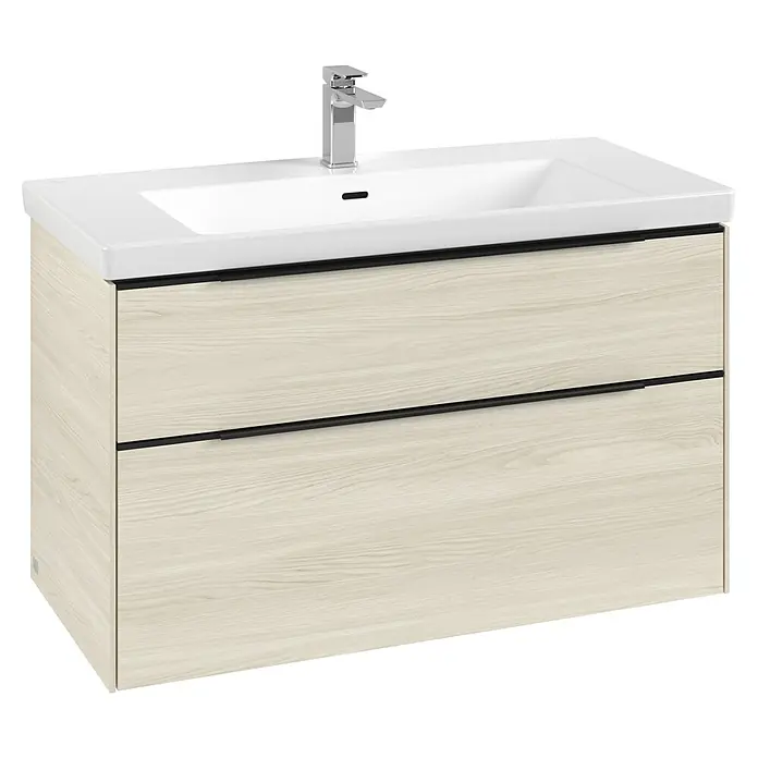 Villeroy & Boch Subway 3.0 Waschbeckenunterschrank - White Oak, Anzahl Schubladen: 2 Stk., Farbe Griff: Volcano Black, B x T x H: 97,3 x 47,8 x 57,6 cm, Mit Beleuchtung - Moderner Badezimmerschrank mit weißem Keramikwaschbecken, Chromarmatur und hellem Holzschrank mit zwei Schubladen und schwarzen Griffen.