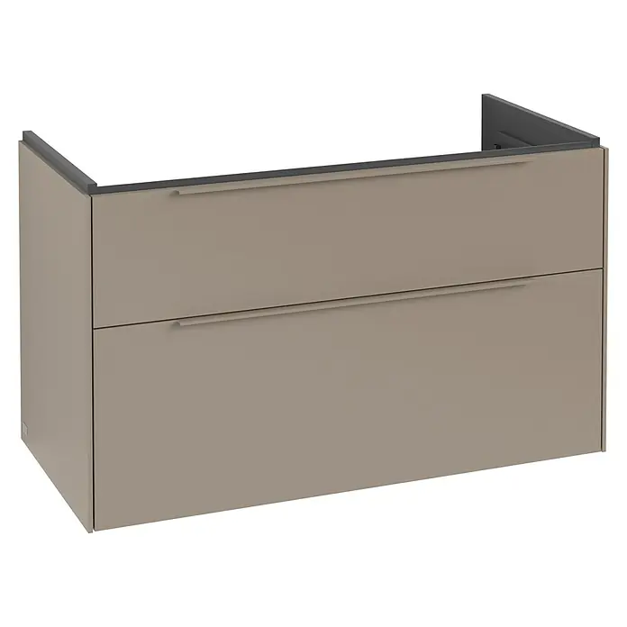 Villeroy & Boch Subway 3.0 Waschbeckenunterschrank - Taupe, Anzahl Schubladen: 2 Stk., Farbe Griff: Monochrom, B x T x H: 97,3 x 47,8 x 57,6 cm, Mit Beleuchtung - Hellbrauner Waschtischunterschrank mit zwei Schubladen, integrierten Griffen und dunkelgrauem Oberdetail.