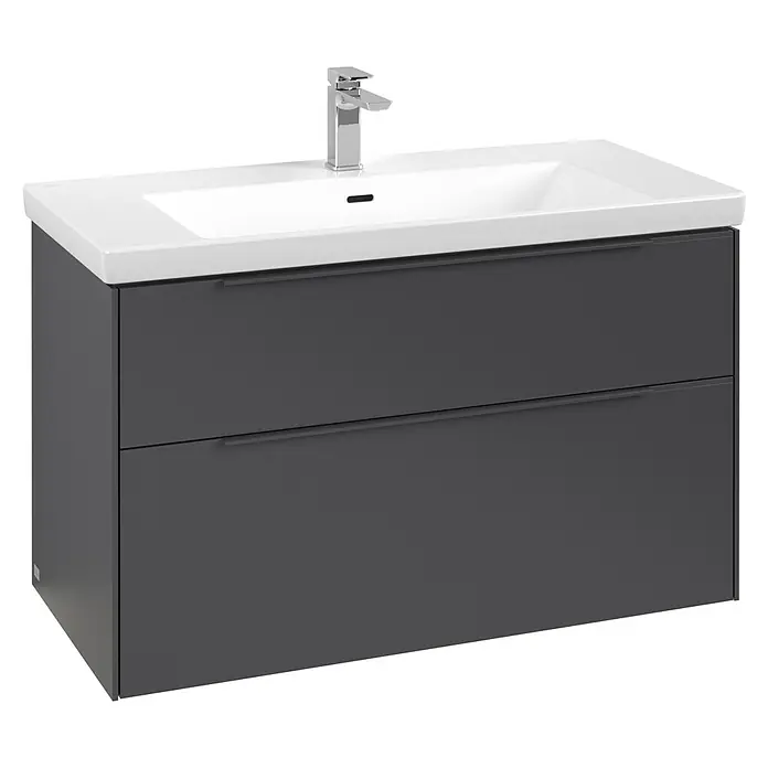 Villeroy & Boch Subway 3.0 Waschbeckenunterschrank - Graphite, Anzahl Schubladen: 2 Stk., Farbe Griff: Monochrom, B x T x H: 97,3 x 47,8 x 57,6 cm, Mit Beleuchtung - Moderne dunkelgraue Badmöbel mit integriertem weißem Keramikwaschbecken und Chromarmatur.