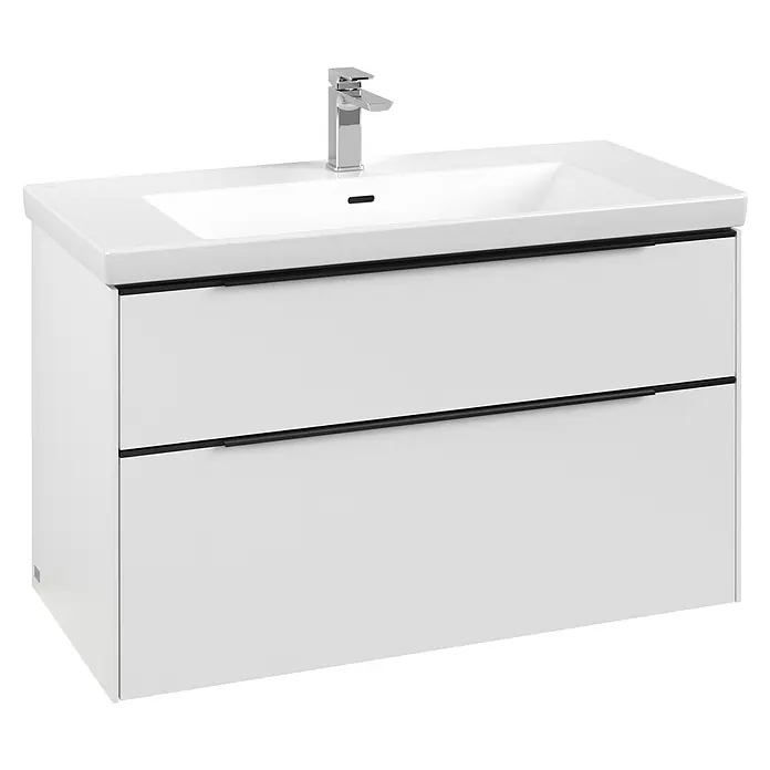 Villeroy & Boch Subway 3.0 Waschbeckenunterschrank - Pure White, Anzahl Schubladen: 2 Stk., Farbe Griff: Volcano Black, B x T x H: 97,3 x 47,8 x 57,6 cm, Mit Beleuchtung - Weißer Badunterschrank mit zwei Schubladen, integriertem Waschbecken und Chromarmatur.