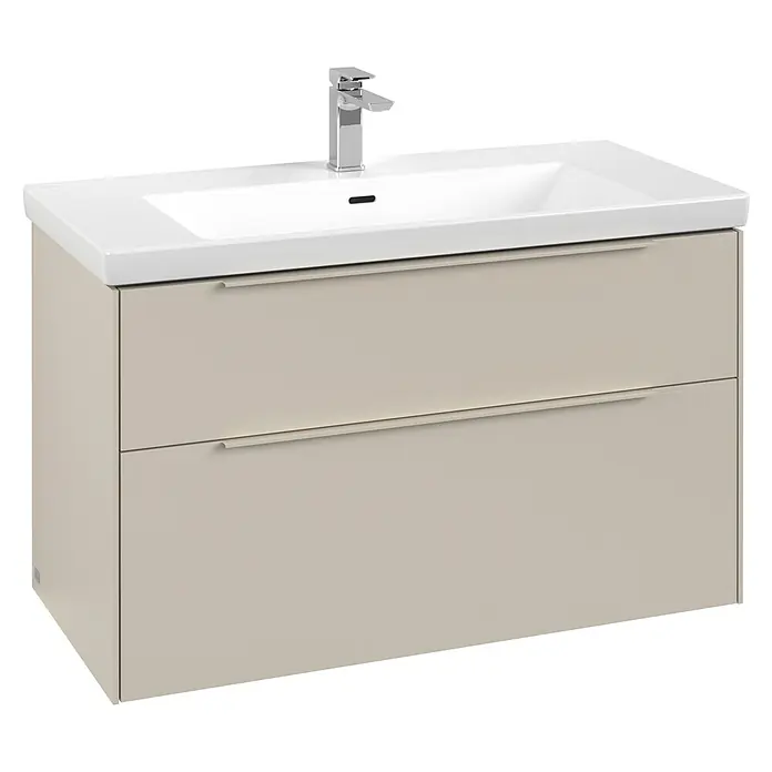 Villeroy & Boch Subway 3.0 Waschbeckenunterschrank - Cashmere Grey, Anzahl Schubladen: 2 Stk., Farbe Griff: Monochrom, B x T x H: 97,3 x 47,8 x 57,6 cm, Mit Beleuchtung - Beiger Waschbeckenunterschrank mit zwei Schubladen, weißem Keramikwaschbecken und Chromarmatur.