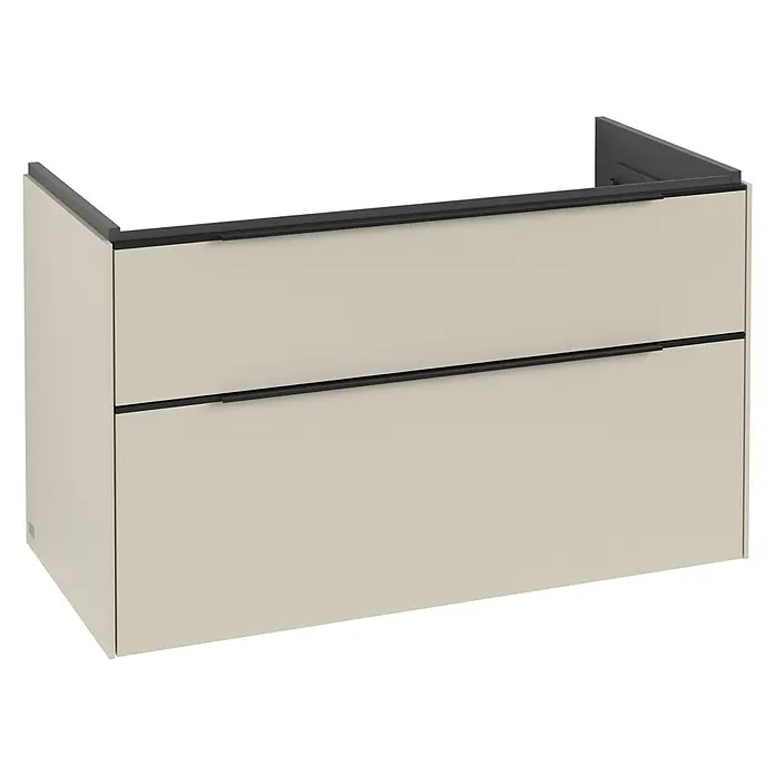Villeroy & Boch Subway 3.0 Waschbeckenunterschrank - Cashmere Grey, Anzahl Schubladen: 2 Stk., Farbe Griff: Volcano Black, B x T x H: 97,3 x 47,8 x 57,6 cm, Mit Beleuchtung - Hellbeige, wandmontierte Badunterschrank mit zwei Schubladen und dunkelgrauen Griffen und Oberkante.